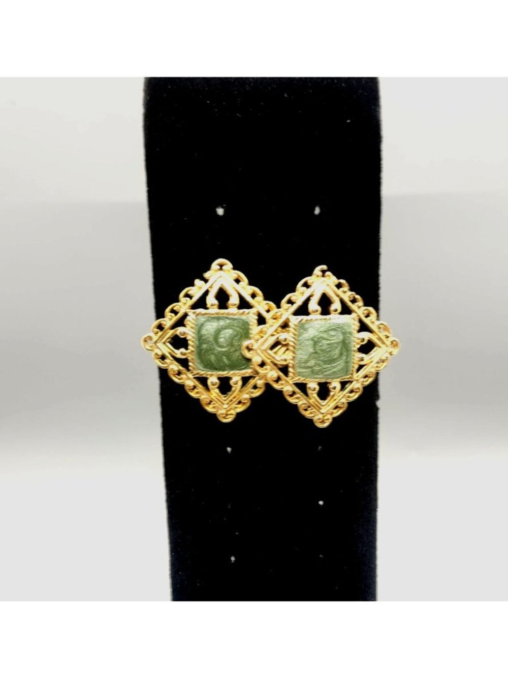 Vintage Gold-Tone Filigree Square Earrings With Green Stone Accents